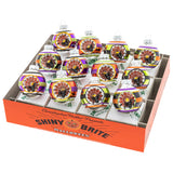 Box of Shiny Brite Halloween ornaments with colorful designs.