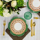 Queens Imari salad plates pop on Cabbage Green dinner plates.
