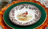 Hemingway Hunt Collection - Brown, leaf-shaped charger plate, dark green dinner plate, Spode pheasant salad plate.