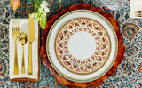Jazz Collection - Brown, leaf-shaped charger plate, Oberon dinner plate, Queen's Imari salad plate, Argento-Gold Luster Flatware.