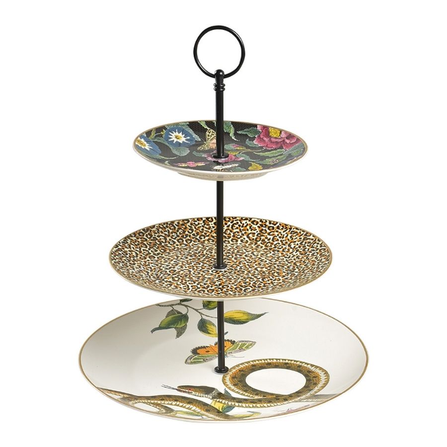 Three-tiered decorative plate stand with floral, leopard print, and butterfly designs on a white background.