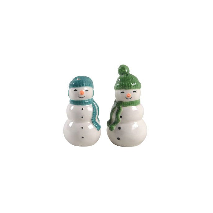 Two small snowman figurines with green hats and scarves on a white background