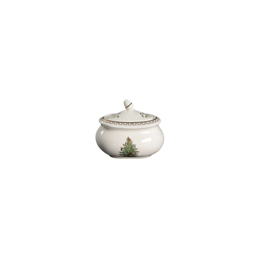 Front view of Christmas Tree Gold Collection sugar bowl and lid by Spode