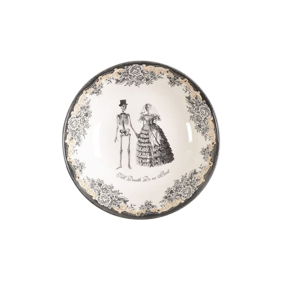 Bride & Groom skeletons with a floral border.