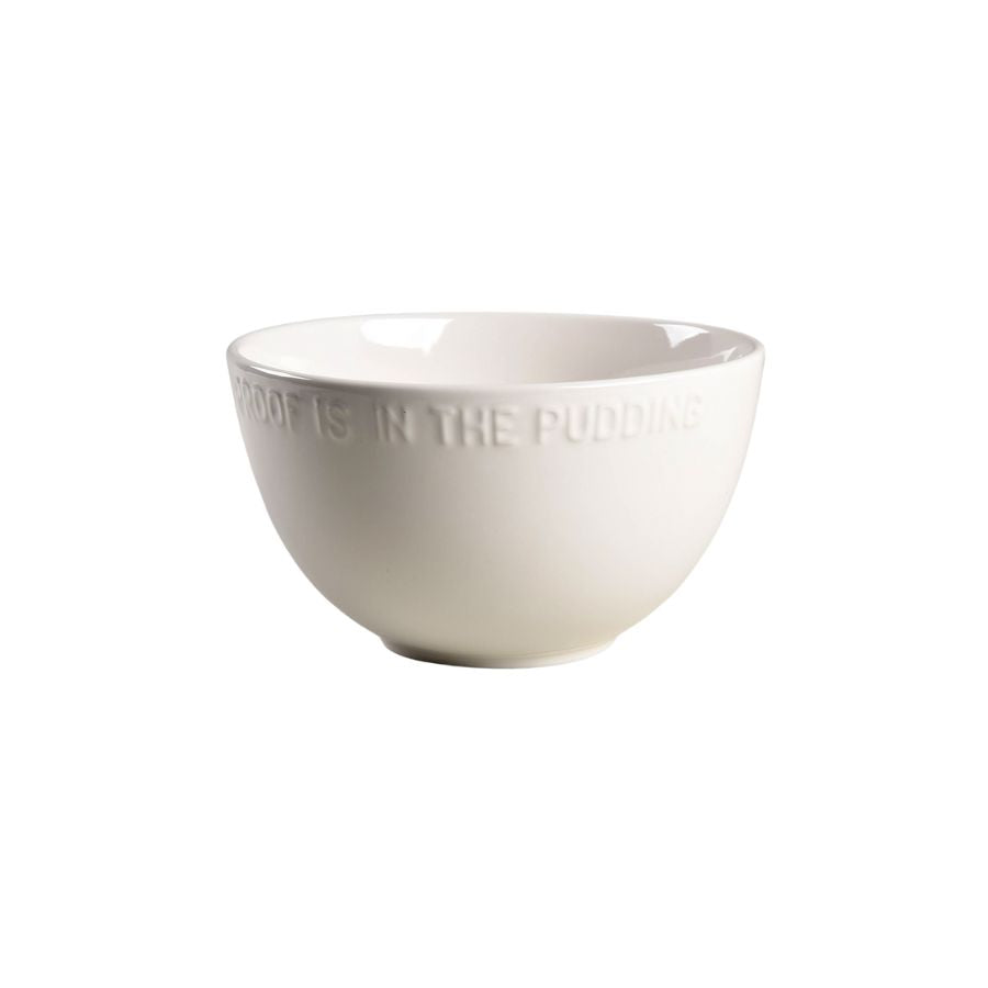White ceramic bowl with text on a white background