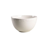 White ceramic bowl with text on a white background