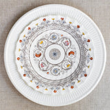 White ceramic charger plate topped with decorative salad plate featuring flowers and garlands around the edge and geometric center.