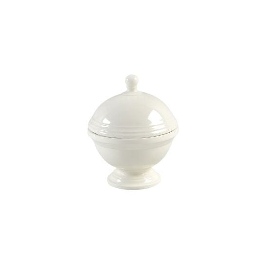 White ceramic jar with a lid on a white background
