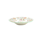 The Haddon Hall rim soup bowl features charming patterned florals and lively green trim.