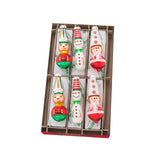 Six Christmas tree ornaments shaped like Santa, snowmen, and toy soldiers.