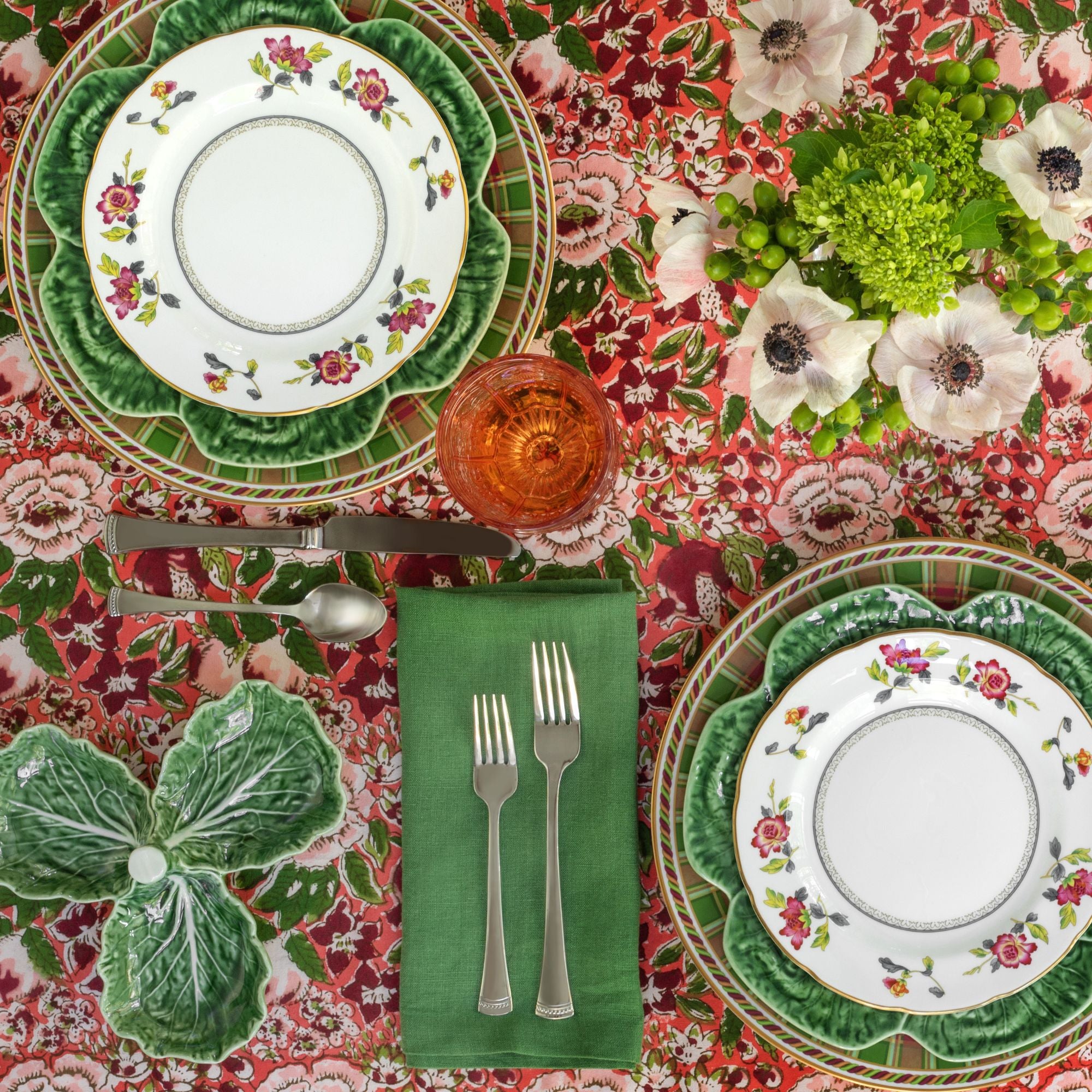 Mixed table setting combining cabbageware with vintage Wedgwood