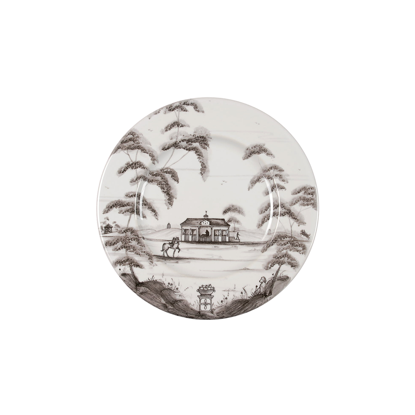 Decorative plate of a stable and horseback rider in black.
