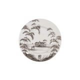 Decorative plate of a stable and horseback rider in black.