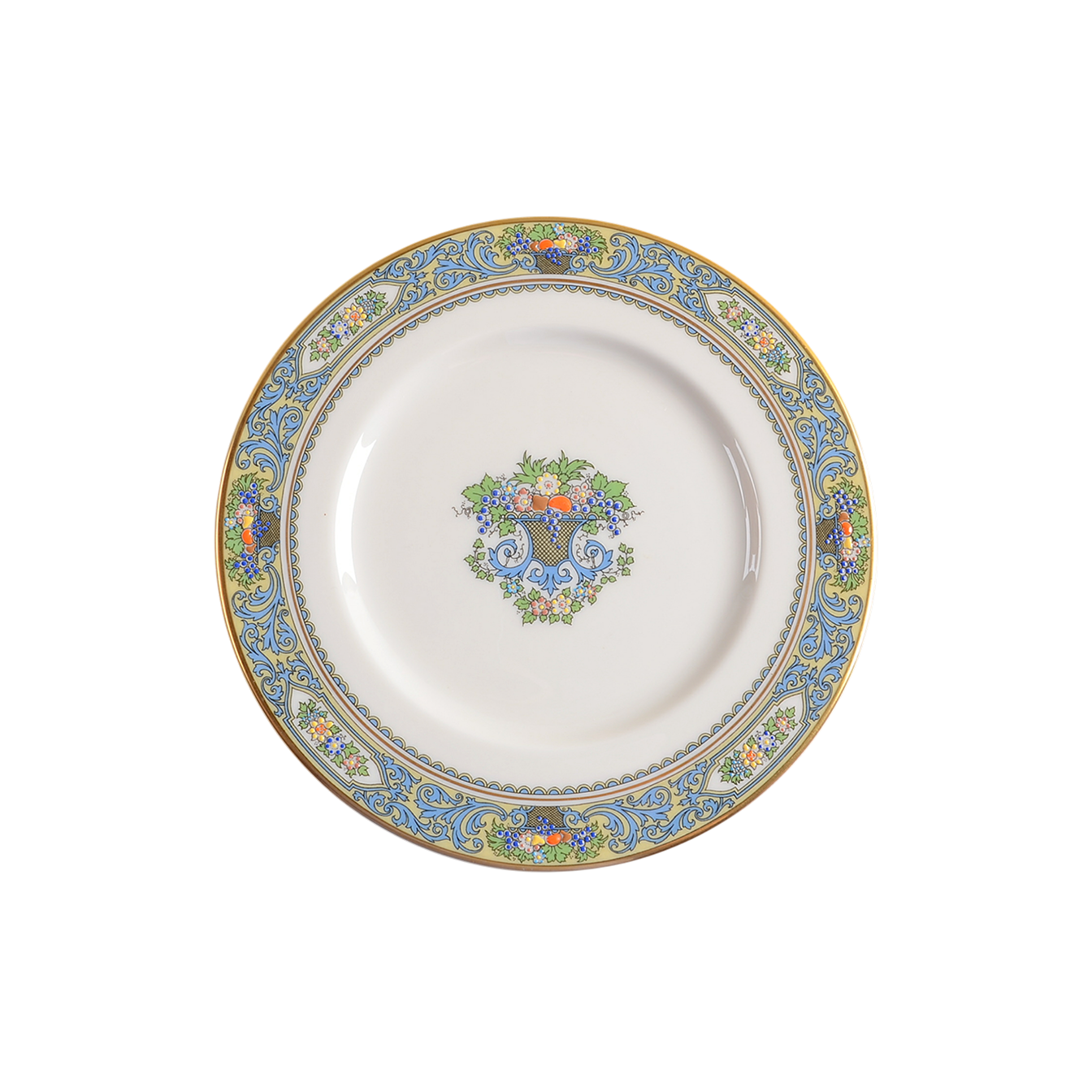 Decorative plate featuring urns of fruit and florals with a scroll border.