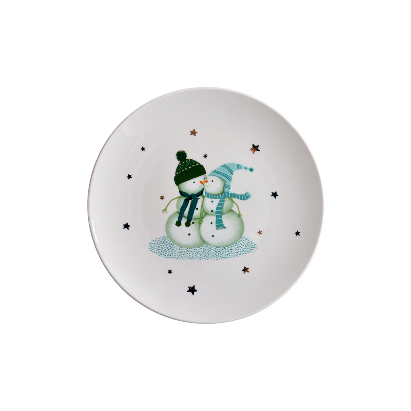 Decorative plate with snowman design on a white background with golden stars.