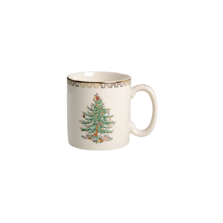 White mug with Christmas tree design on a white background