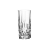 Clear highball glass with vertical and criss-cross cuts.