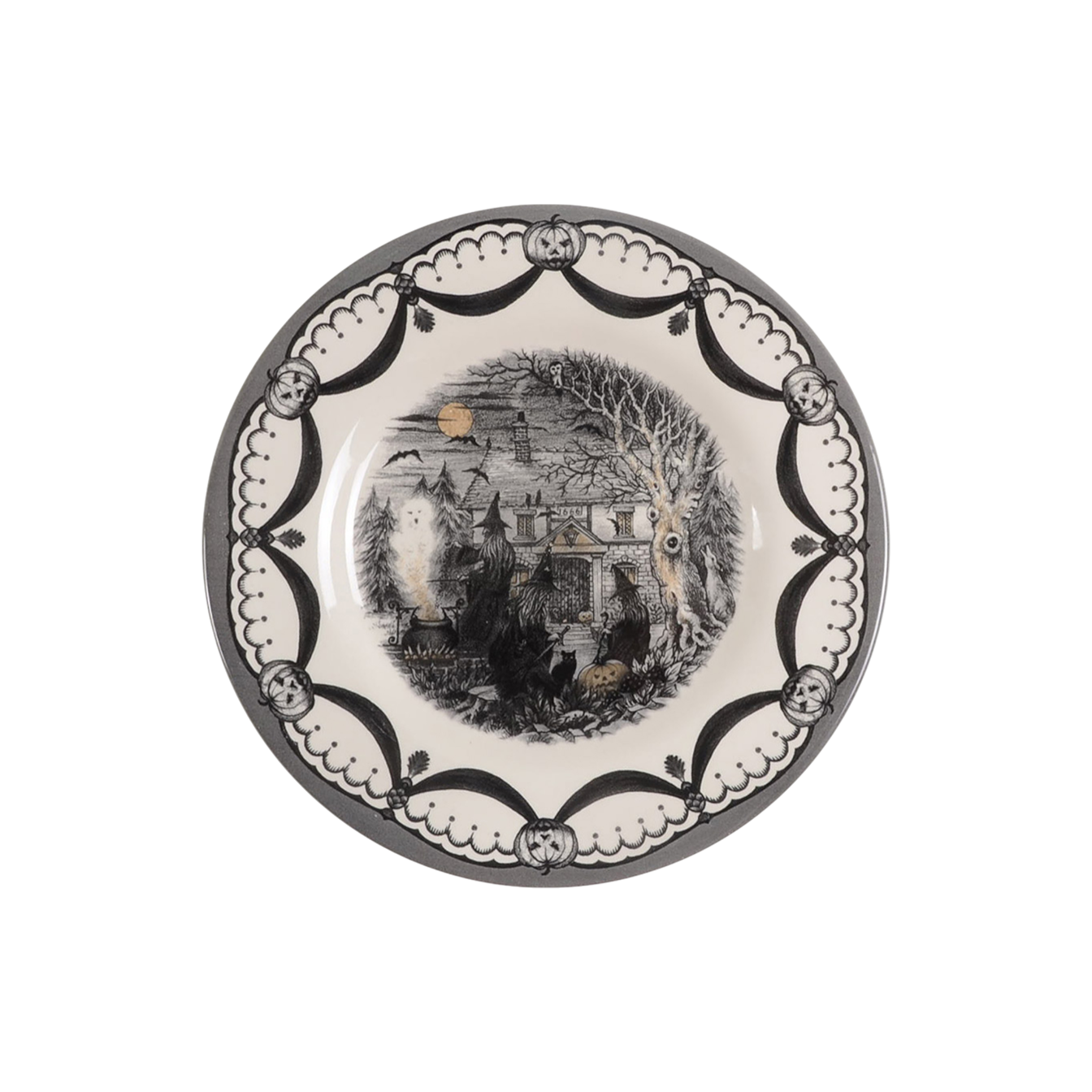 Plate depicting a group of witches with cats, bats, and a ghost.