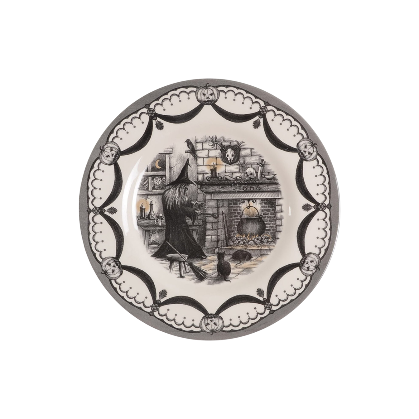Decorative plate with a witch and broomstick design on a white background
