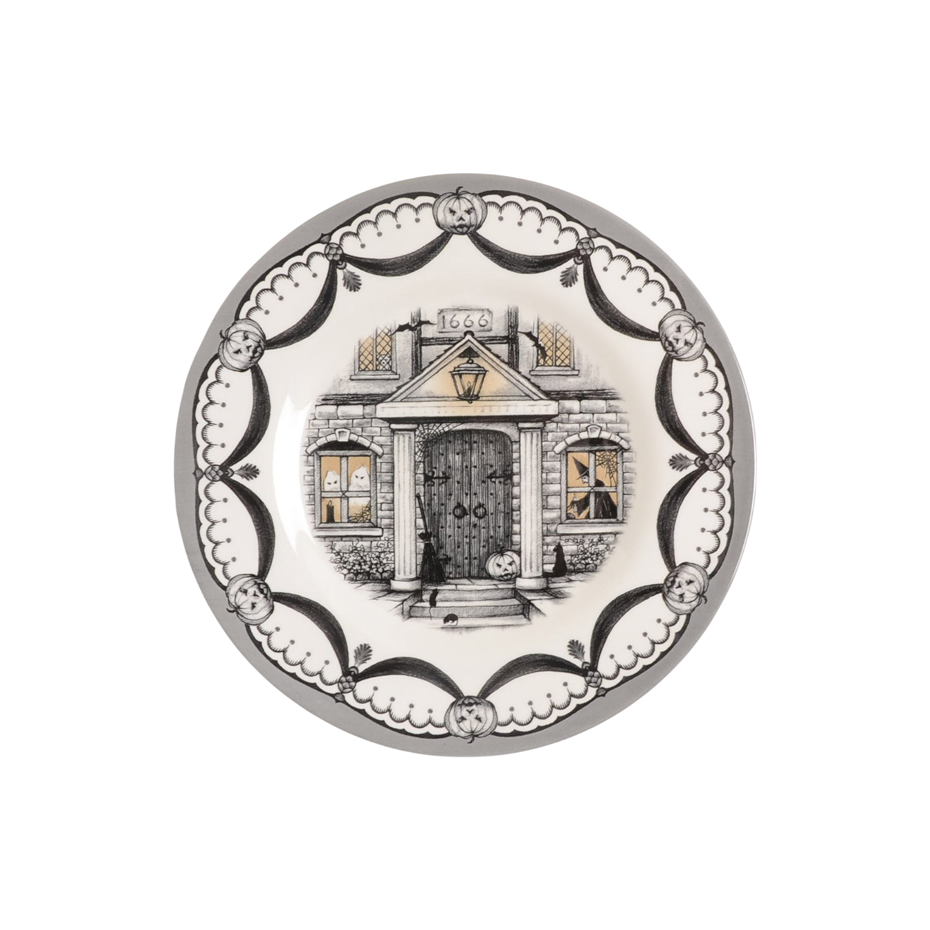 Plate depicting the front door and windows of a spooky house.