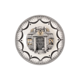 Plate depicting the front door and windows of a spooky house.