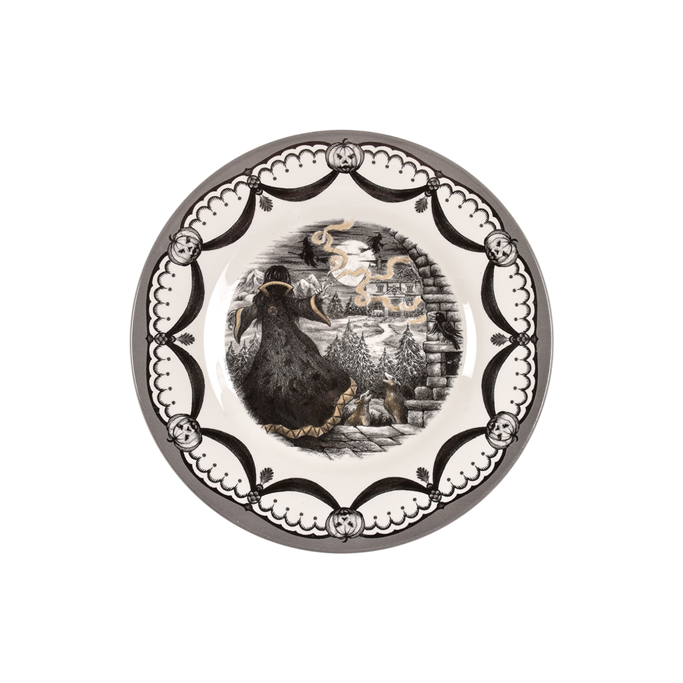 Decorative plate with a magical being and moon design on a white background