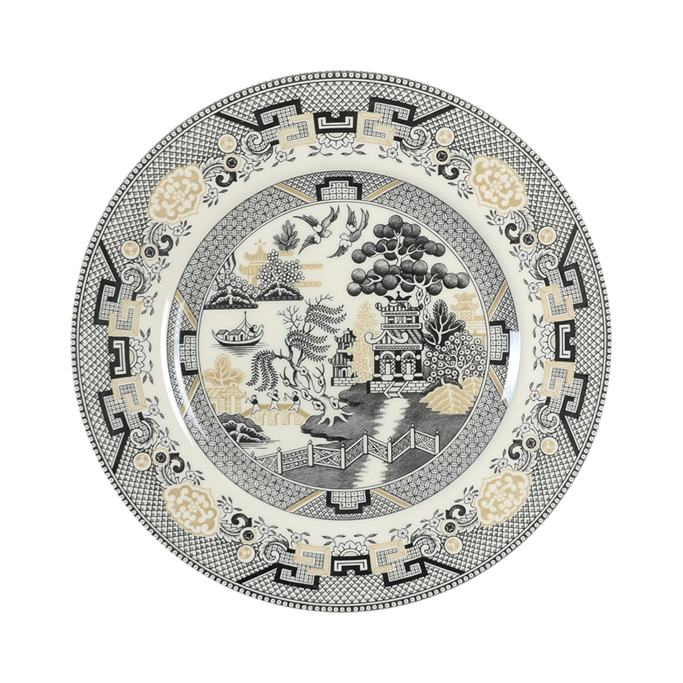 Chinese-inspired willow design in black and gold on ivory plate.