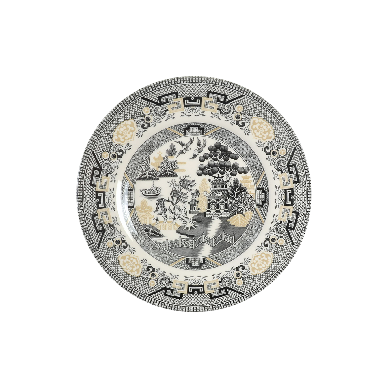 Classic willow design in black and gold on an ivory plate.
