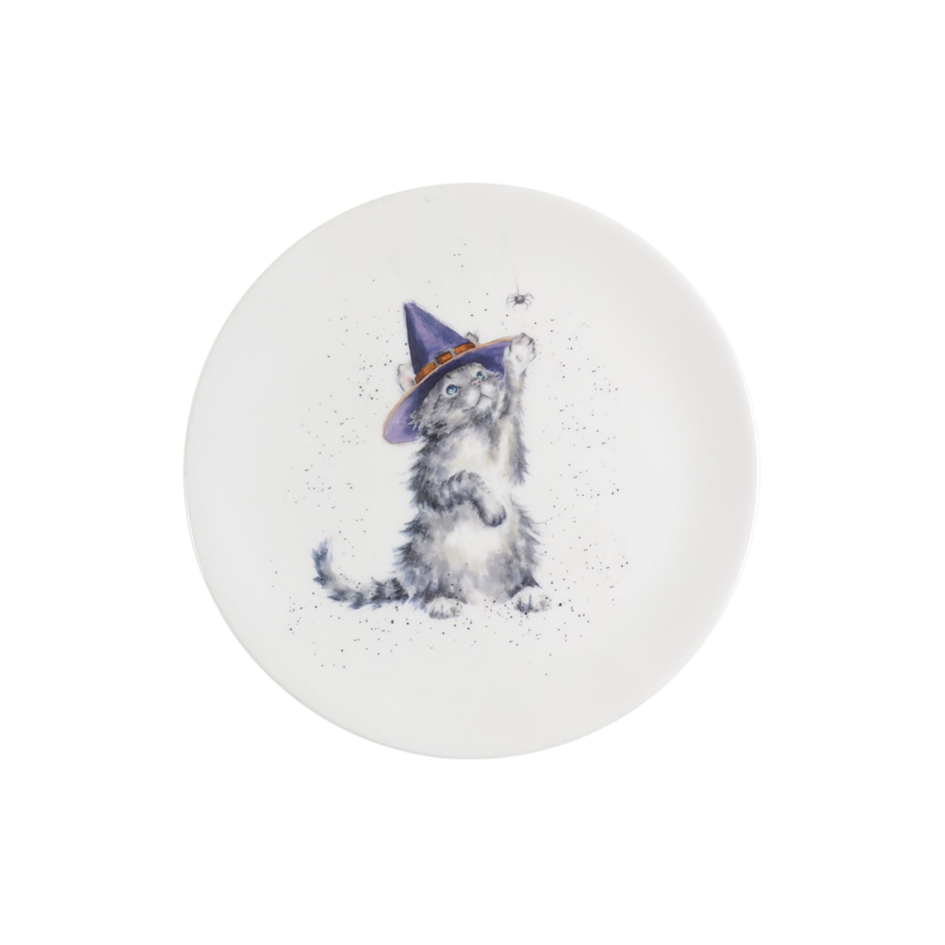 Plate depicting cute grey kitten in a witch's hat reaching for a spider.