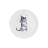 Plate depicting cute grey kitten in a witch's hat reaching for a spider.