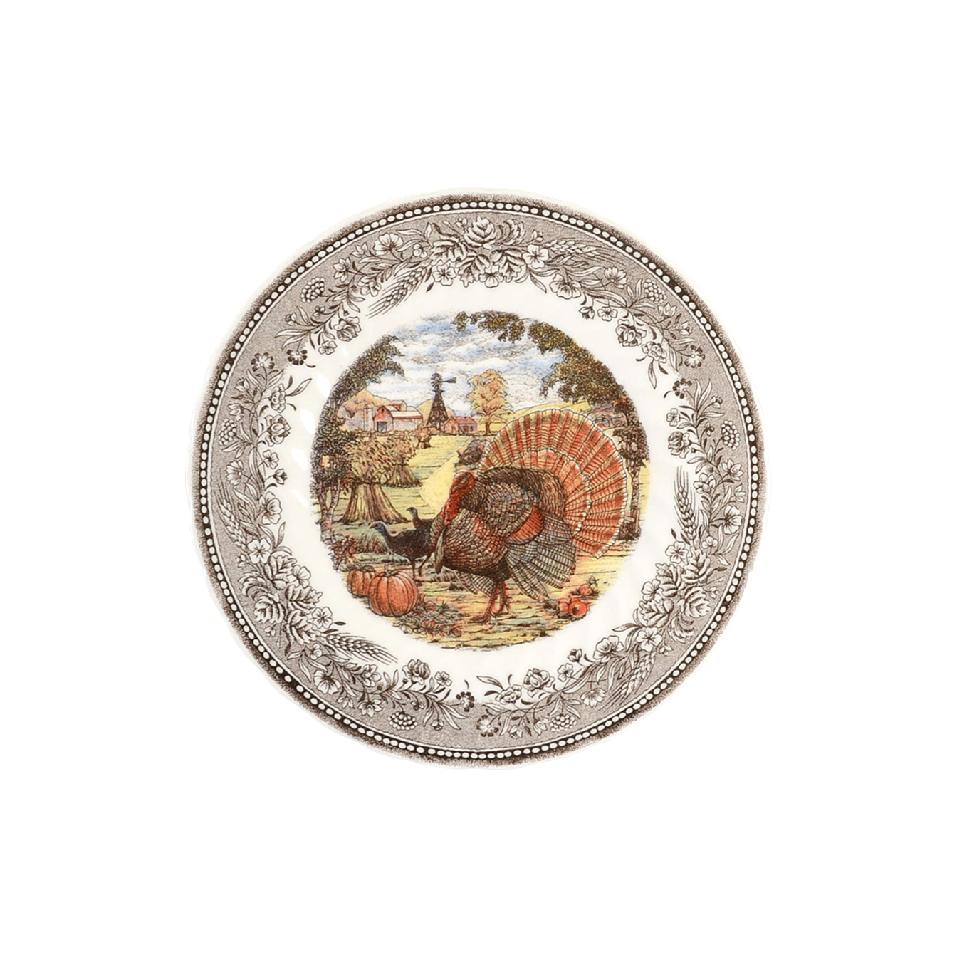 Salad plate with a turkey and pumpkins scene in a brown floral border.