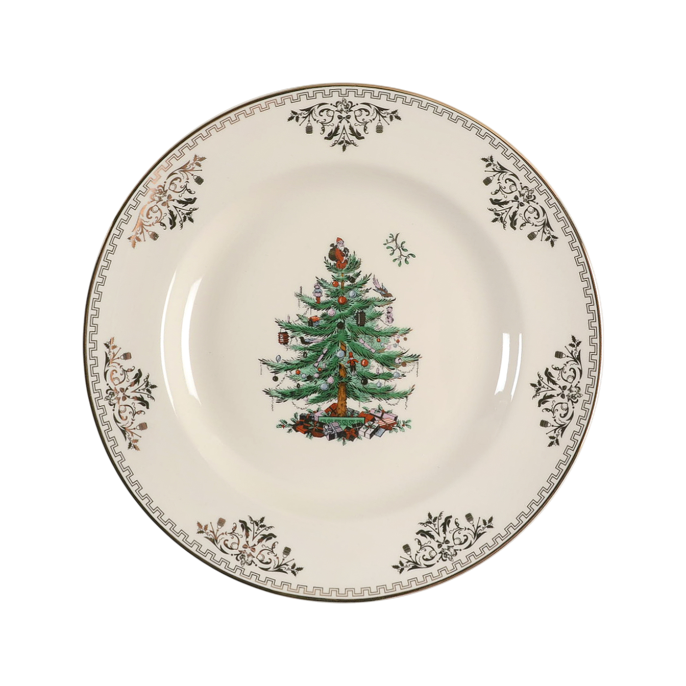 Decorative dinner plate featuring a Christmas tree and gold decoration.