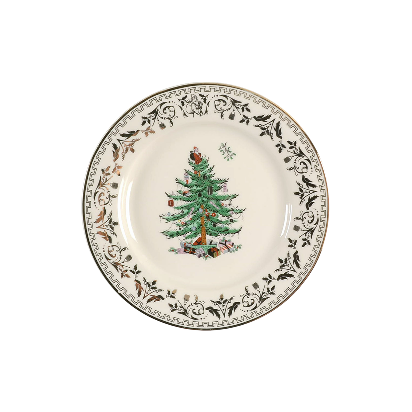 Decorative plate featuring a Christmas tree with a gold scroll and Greek key border.
