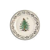 Decorative plate featuring a Christmas tree with a gold scroll and Greek key border.