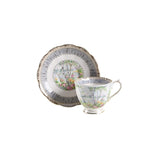 Teacup and saucer with floral design on a white background