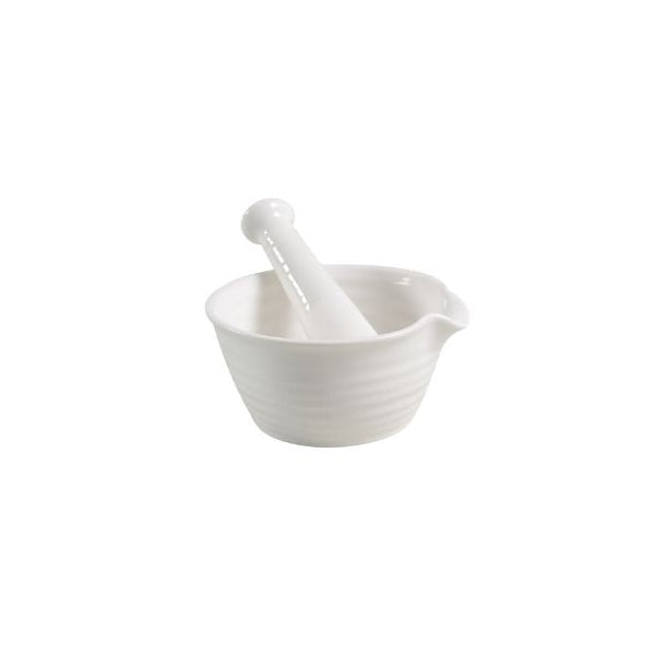 White ceramic mortar and pestle on a white background