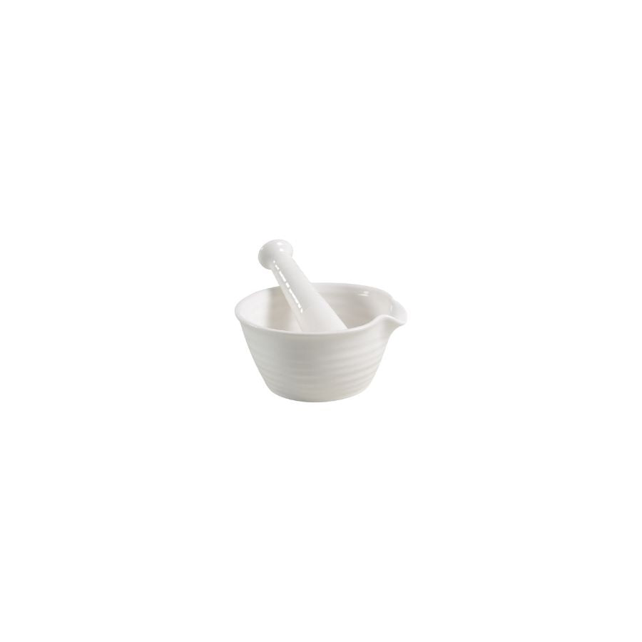 White ceramic mortar and pestle on a white background