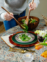 Wooden Salad Bowl with matching spoon and fork. Shown with Hemingway Hunt Tablesetting.