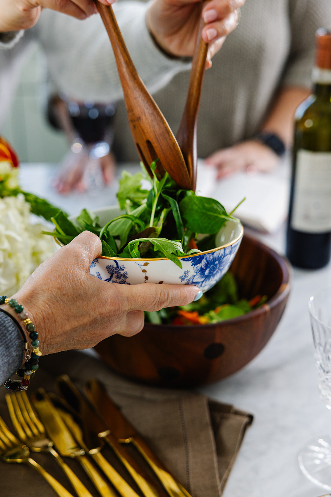 Wooden Salad Bowl with matching spoon and fork.