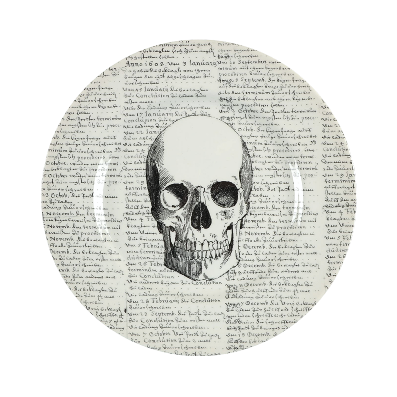 Decorative plate depicting a skull on a field of script lettering.