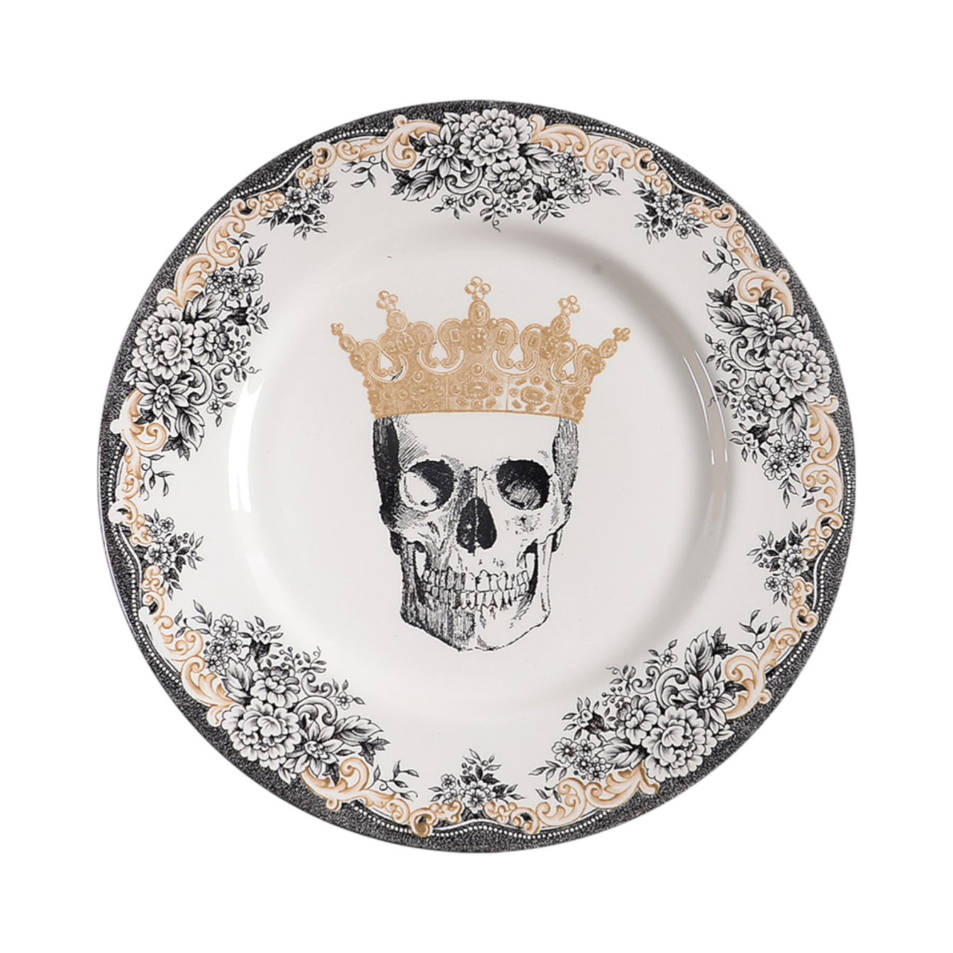 Plate with a floral rim depicting a skull in a crown.