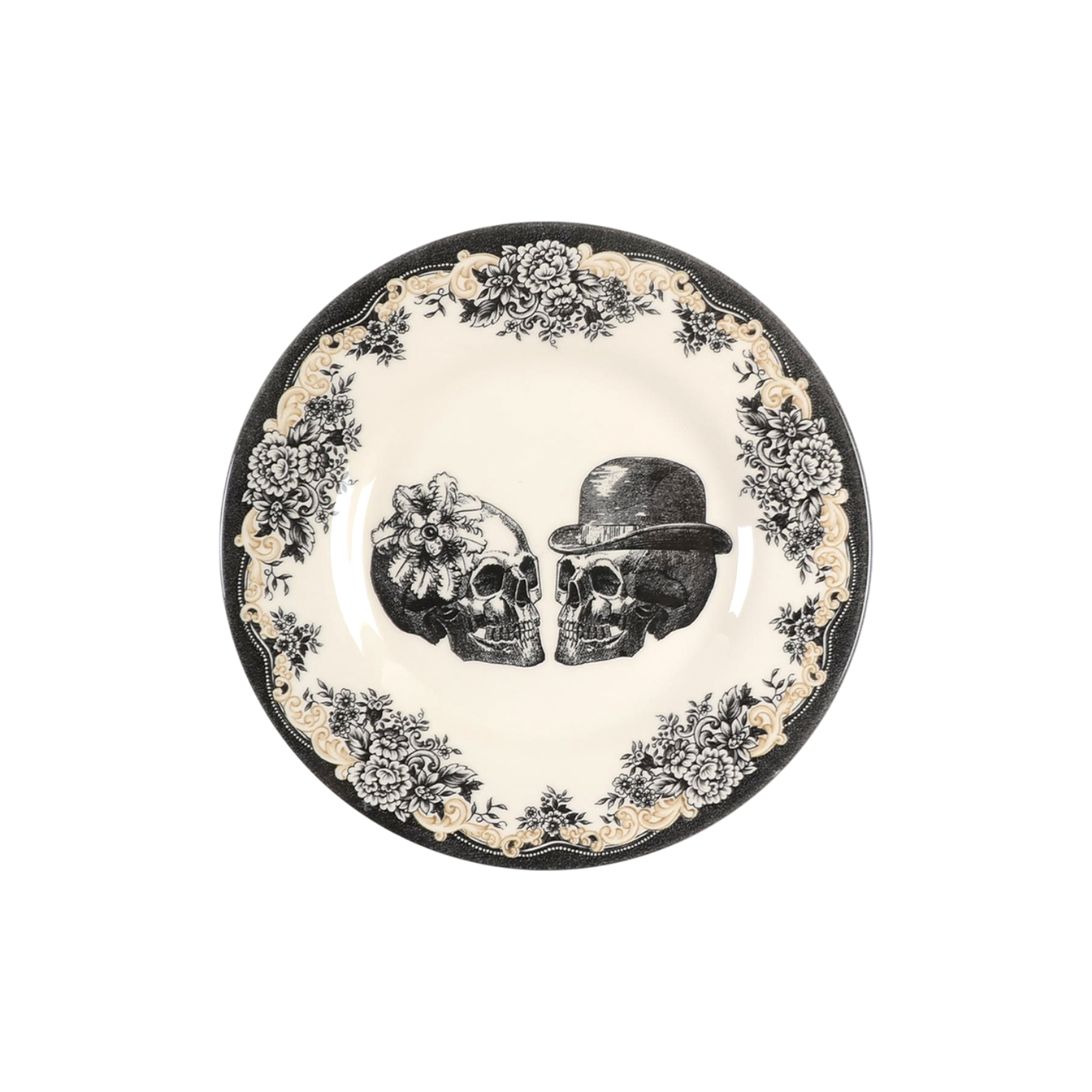 Decorative plate with skull design and floral patterns on a white background