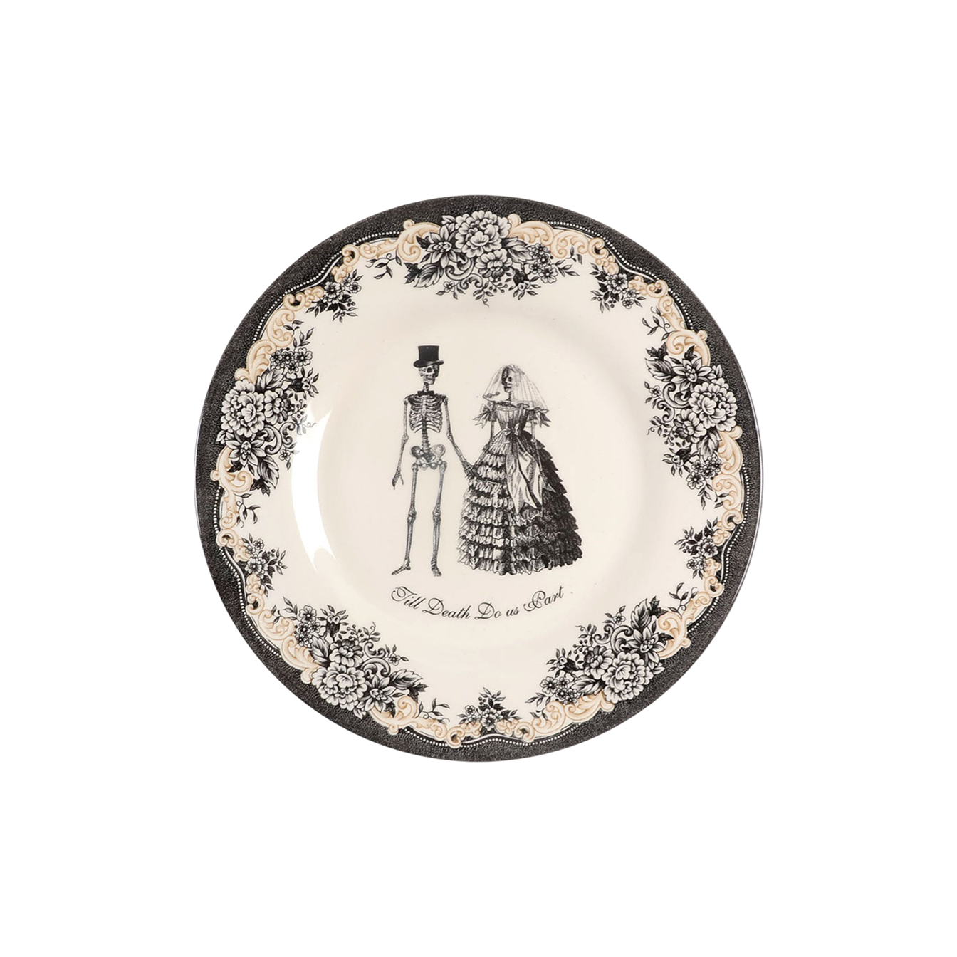 Decorative plate with vintage-style illustration of a couple and floral design on a white background