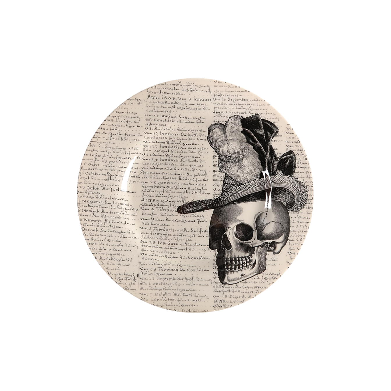 Plate depicting a skull in a fancy ladies' hat in black.
