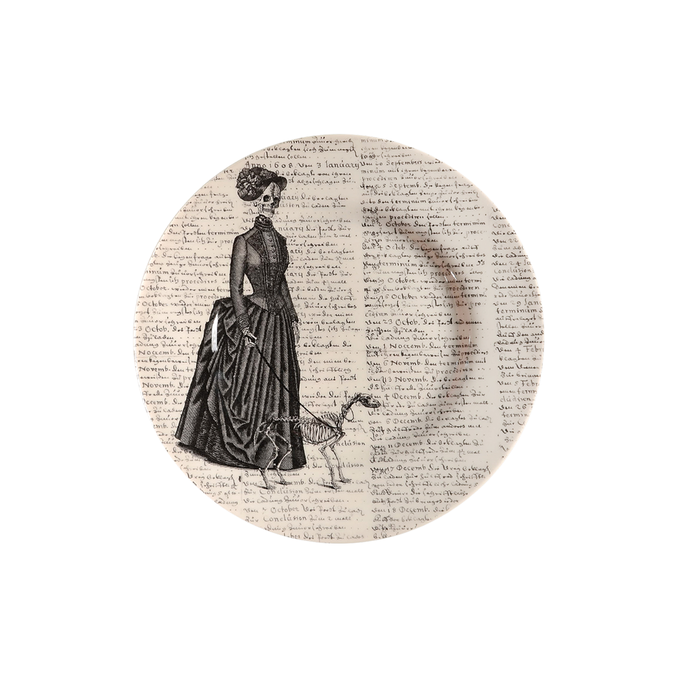 Plate depicting a skeleton in a Victorian dress walking her skeletal dog.