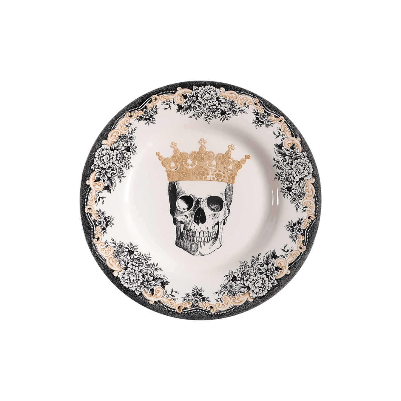 Decorative plate with skull and crown design on a white background