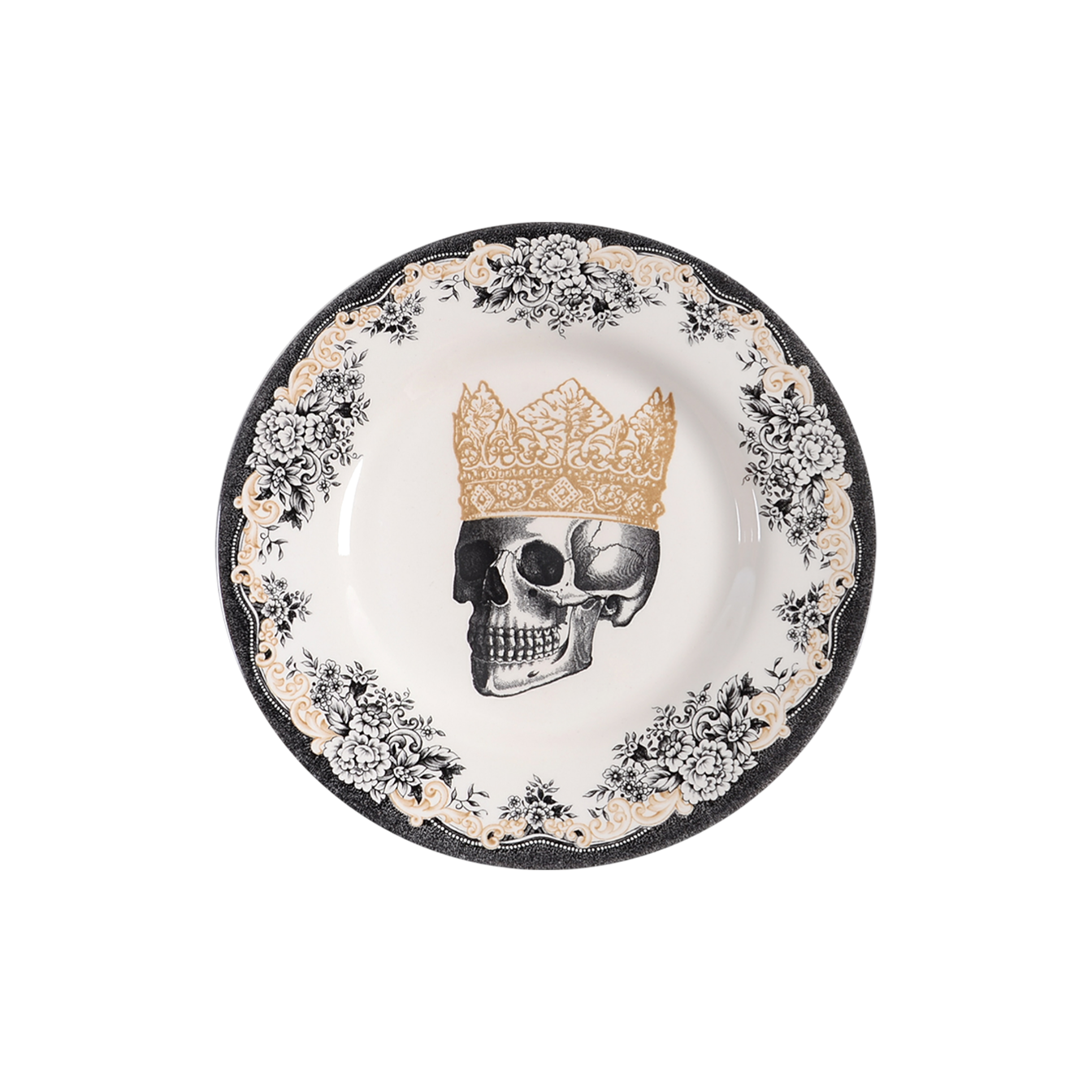 Decorative plate depicting florals and a skull wearing a crown in profile.