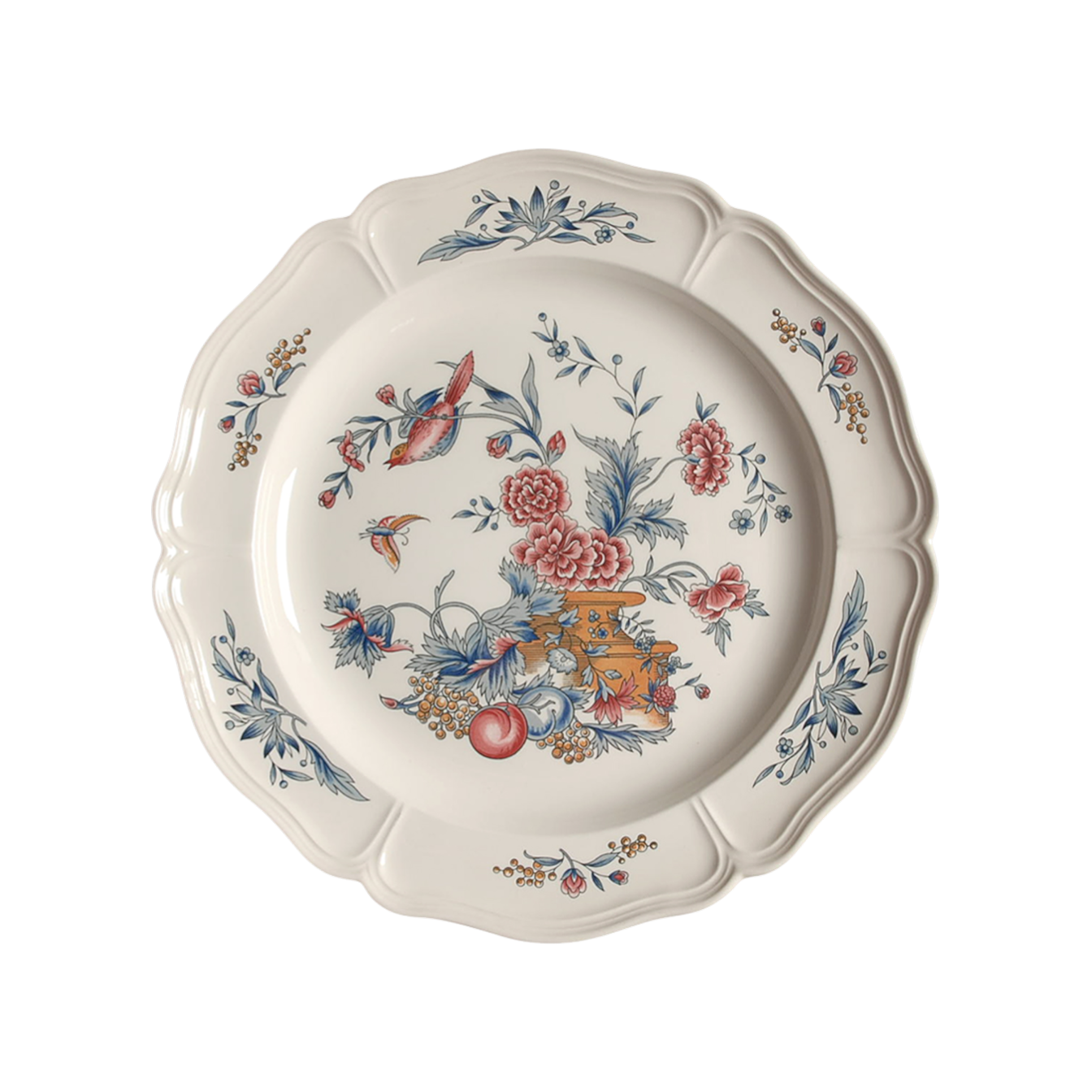 Decorative dinner plate featuring a ase of flowers, fruits, and a bird.