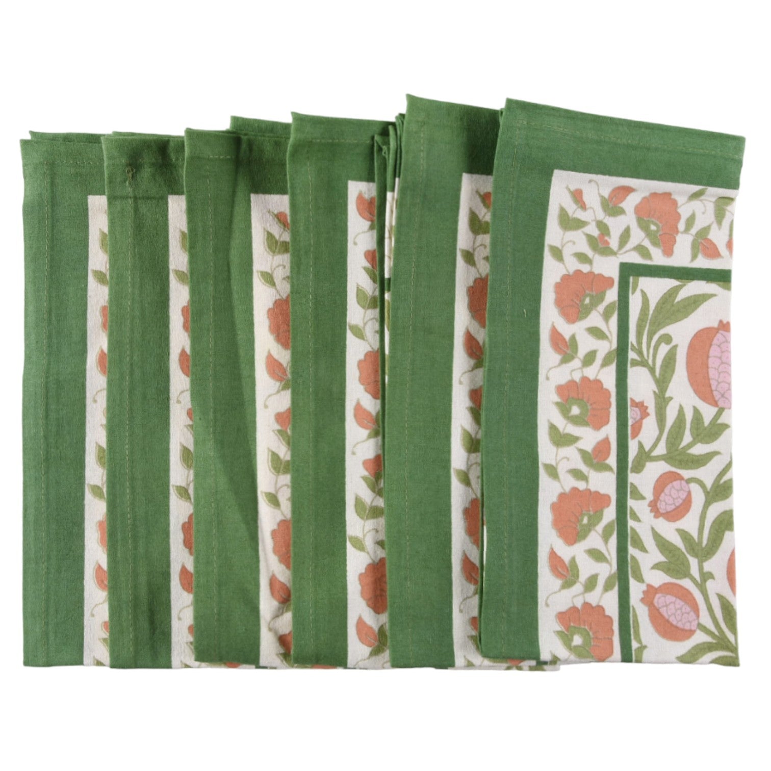 Set of 6 Grenadine Cloth Napkins in Green with Orange & Pink Fruits by Couleur Nature