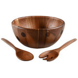 Wooden Salad Bowl with matching spoon and fork. Mid-toned wood with inset wood dots.